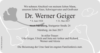 Traueranzeige von Werner Geiger von Gesamtausgabe Nürnberger Nachrichten/ Nürnberger Ztg.