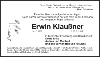 Traueranzeige von Erwin Klaußner von Gesamtausgabe Nürnberger Nachrichten/ Nürnberger Ztg.
