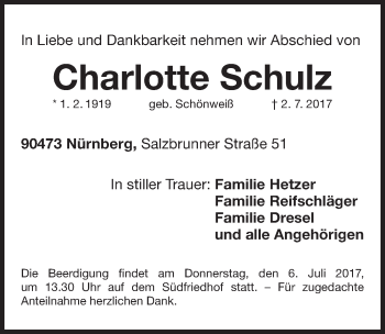 Traueranzeige von Charlotte Schulz von Gesamtausgabe Nürnberger Nachrichten/ Nürnberger Ztg.