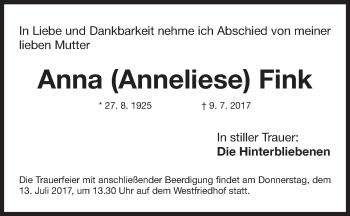 Traueranzeige von Anna Fink von Gesamtausgabe Nürnberger Nachrichten/ Nürnberger Ztg.