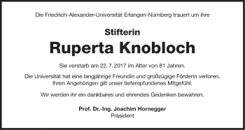 Traueranzeige von Ruperta Knobloch von Gesamtausgabe Nürnberger Nachrichten/ Nürnberger Ztg.