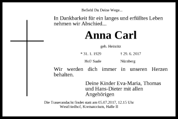 Traueranzeige von Anna Carl von Gesamtausgabe Nürnberger Nachrichten/ Nürnberger Ztg.