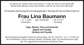 Traueranzeige von Lina Baumann von Gesamtausgabe Nürnberger Nachrichten/ Nürnberger Ztg.
