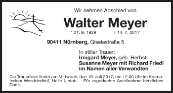 Traueranzeige von Walter Meyer von Gesamtausgabe Nürnberger Nachrichten/ Nürnberger Ztg.