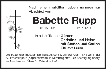 Traueranzeige von Babette Rupp von Gesamtausgabe Nürnberger Nachrichten/ Nürnberger Ztg.