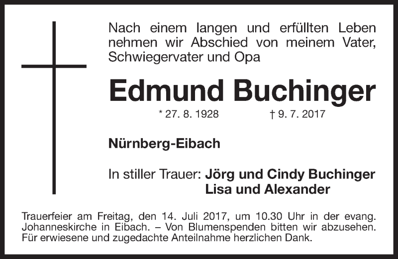  Traueranzeige für Edmund Buchinger vom 12.07.2017 aus Gesamtausgabe Nürnberger Nachrichten/ Nürnberger Ztg.