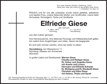 Traueranzeige von Elfriede Giese von Gesamtausgabe Nürnberger Nachrichten/ Nürnberger Ztg.