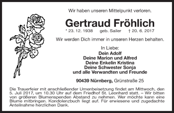 Traueranzeige von Gertraud Fröhlich von Gesamtausgabe Nürnberger Nachrichten/ Nürnberger Ztg.
