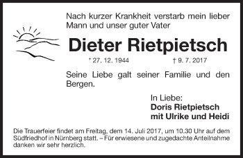 Traueranzeige von Dieter Rietpietsch von Gesamtausgabe Nürnberger Nachrichten/ Nürnberger Ztg.