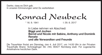 Traueranzeige von Konrad Neubeck von Gesamtausgabe Nürnberger Nachrichten/ Nürnberger Ztg.