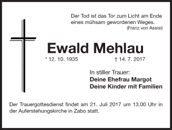 Traueranzeige von Ewald Mehlau von Gesamtausgabe Nürnberger Nachrichten/ Nürnberger Ztg.