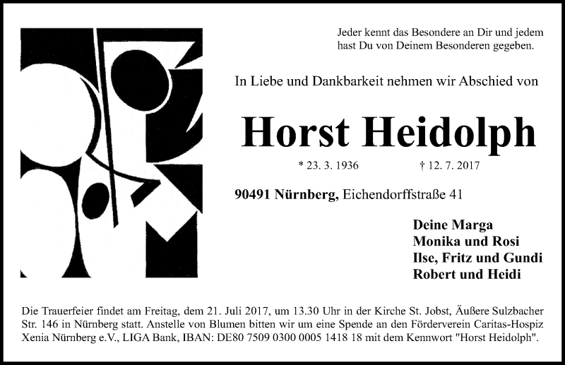  Traueranzeige für Horst Heidolph vom 15.07.2017 aus Gesamtausgabe Nürnberger Nachrichten/ Nürnberger Ztg.