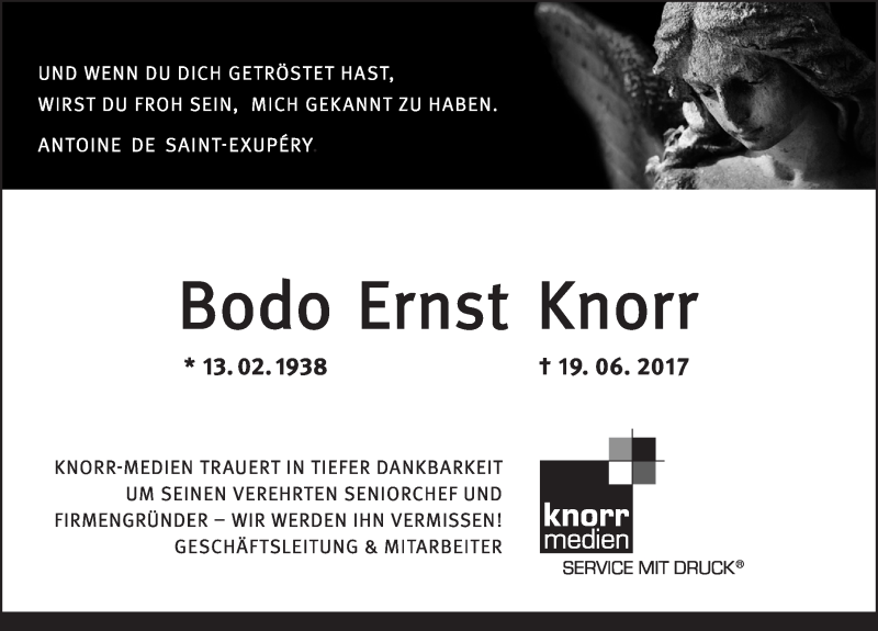  Traueranzeige für Bodo Ernst Knorr vom 01.07.2017 aus Gesamtausgabe Nürnberger Nachrichten/ Nürnberger Ztg.