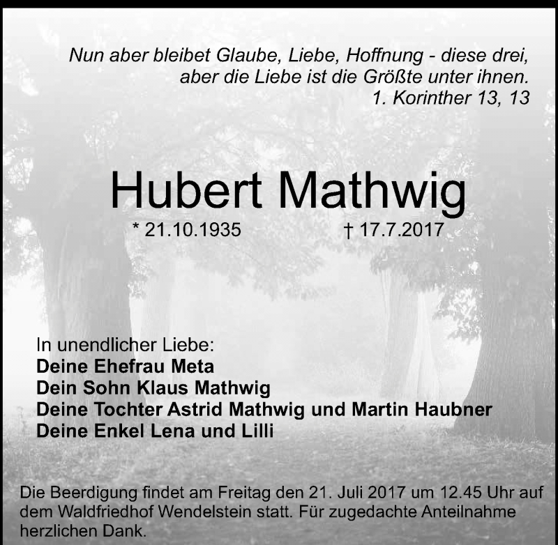  Traueranzeige für Hubert Mathwig vom 21.07.2017 aus Gesamtausgabe Nürnberger Nachrichten/ Nürnberger Ztg.