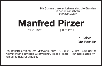 Traueranzeige von Manfred Pirzer von Gesamtausgabe Nürnberger Nachrichten/ Nürnberger Ztg.