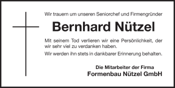 Traueranzeige von Bernhard Nützel von Gesamtausgabe Nürnberger Nachrichten/ Nürnberger Ztg.