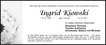 Traueranzeige von Ingrid Kiowski von Gesamtausgabe Nürnberger Nachrichten/ Nürnberger Ztg.