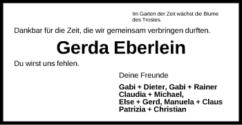 Traueranzeige von Gerda Eberlein von Gesamtausgabe Nürnberger Nachrichten/ Nürnberger Ztg.