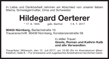 Traueranzeige von Hildegard Oerterer von Gesamtausgabe Nürnberger Nachrichten/ Nürnberger Ztg.
