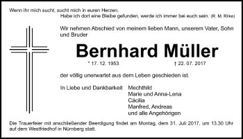 Traueranzeige von Bernhard Müller von Gesamtausgabe Nürnberger Nachrichten/ Nürnberger Ztg.
