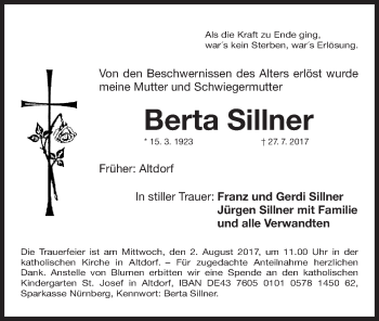 Traueranzeige von Berta Sillner von Neumarkter Nachrichten Lokal