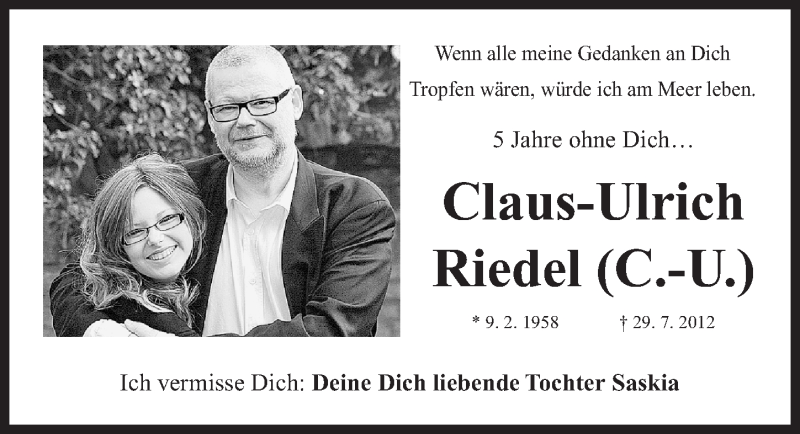  Traueranzeige für Claus-Ulrich Riedel vom 29.07.2017 aus Erlanger Nachrichten Lokal