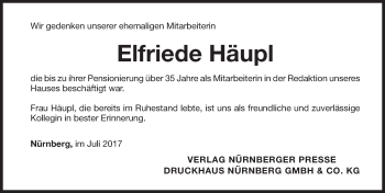 Traueranzeige von Elfriede Häupl von Gesamtausgabe Nürnberger Nachrichten/ Nürnberger Ztg.