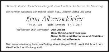 Traueranzeige von Erna Albersdörfer von Gesamtausgabe Nürnberger Nachrichten/ Nürnberger Ztg.