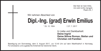 Traueranzeige von Erwin Emilius von Gesamtausgabe Nürnberger Nachrichten/ Nürnberger Ztg.