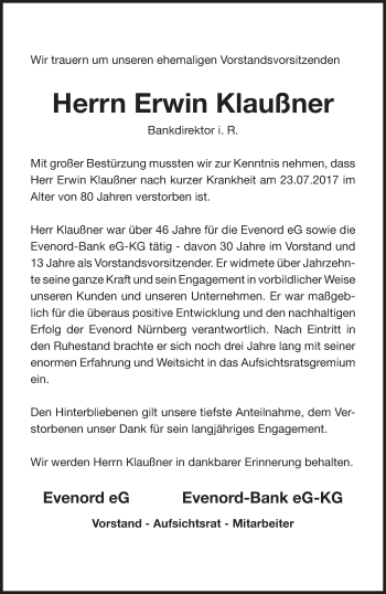 Traueranzeige von Erwin Klaußner von Gesamtausgabe Nürnberger Nachrichten/ Nürnberger Ztg.