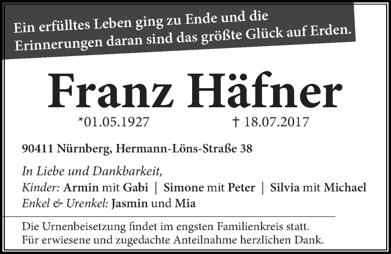 Traueranzeige für Franz Häfner vom 29.07.2017 aus Gesamtausgabe Nürnberger Nachrichten/ Nürnberger Ztg.