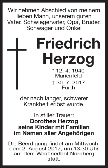 Traueranzeige von Friedrich Herzog von Fürther Nachrichten Lokal