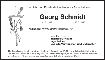 Traueranzeige von Georg Schmidt von Gesamtausgabe Nürnberger Nachrichten/ Nürnberger Ztg.