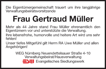 Traueranzeige von Gertraud Müller von Gesamtausgabe Nürnberger Nachrichten/ Nürnberger Ztg.