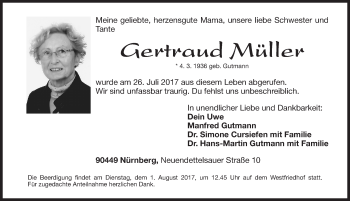 Traueranzeige von Gertraud Müller von Gesamtausgabe Nürnberger Nachrichten/ Nürnberger Ztg.