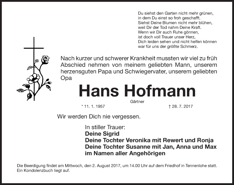  Traueranzeige für Hans Hofmann vom 31.07.2017 aus Erlanger Nachrichten Lokal