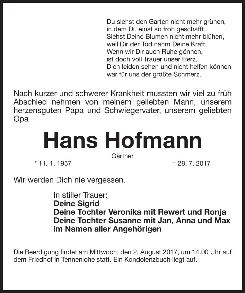  Traueranzeige für Hans Hofmann vom 31.07.2017 aus Gesamtausgabe Nürnberger Nachrichten/ Nürnberger Ztg.