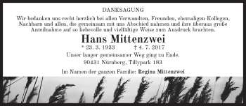 Traueranzeige von Johann Mittenzwei von Gesamtausgabe Nürnberger Nachrichten/ Nürnberger Ztg.
