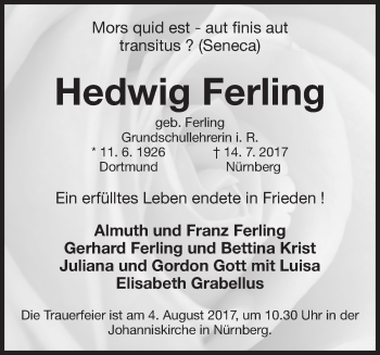 Traueranzeige von Hedwig Ferling von Gesamtausgabe Nürnberger Nachrichten/ Nürnberger Ztg.