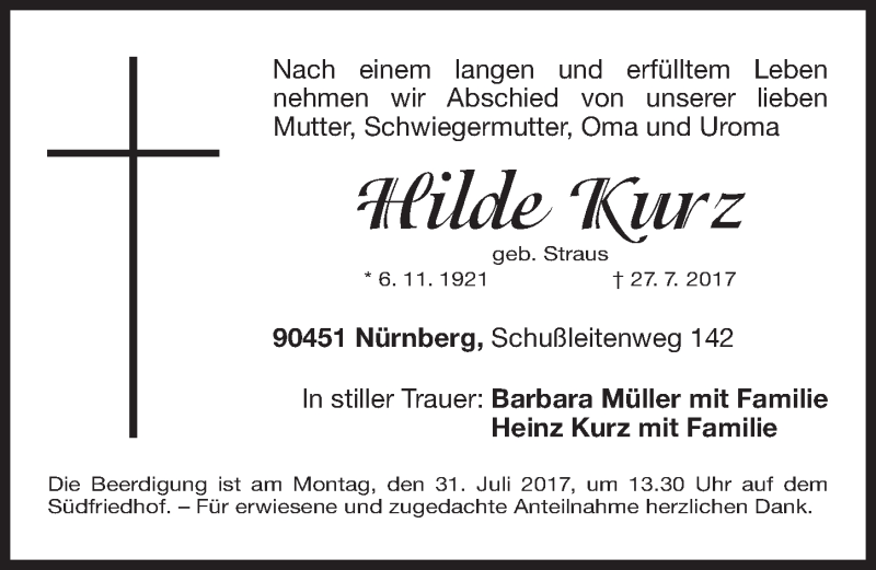  Traueranzeige für Hilde Kurz vom 29.07.2017 aus Gesamtausgabe Nürnberger Nachrichten/ Nürnberger Ztg.