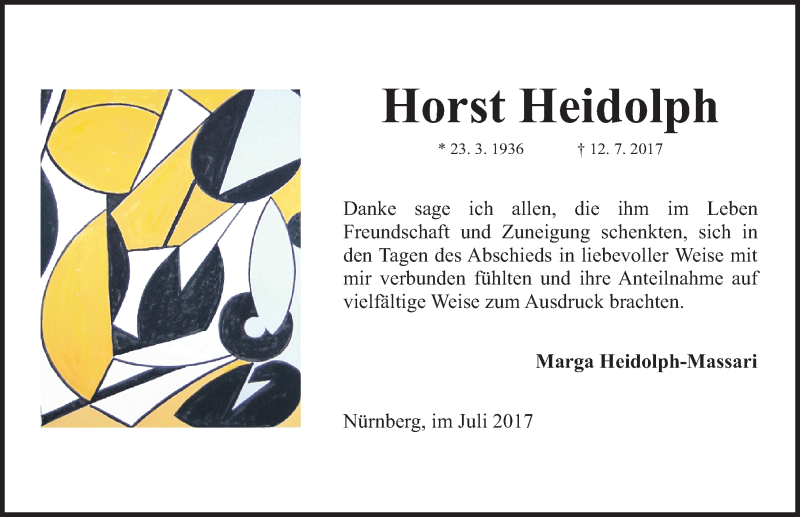  Traueranzeige für Horst Heidolph vom 29.07.2017 aus Gesamtausgabe Nürnberger Nachrichten/ Nürnberger Ztg.