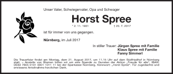 Traueranzeige von Horst Spree von Gesamtausgabe Nürnberger Nachrichten/ Nürnberger Ztg.