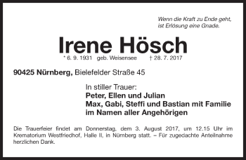 Traueranzeige von Irene Hösch von Gesamtausgabe Nürnberger Nachrichten/ Nürnberger Ztg.