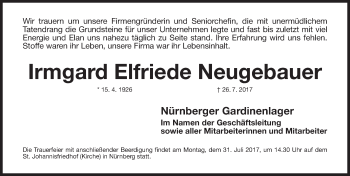 Traueranzeige von Irmgard Elfriede Neugebauer  von Gesamtausgabe Nürnberger Nachrichten/ Nürnberger Ztg.
