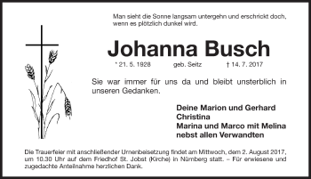 Traueranzeige von Johanna Busch von Gesamtausgabe Nürnberger Nachrichten/ Nürnberger Ztg.