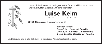 Traueranzeige von Luise Keim von Gesamtausgabe Nürnberger Nachrichten/ Nürnberger Ztg.