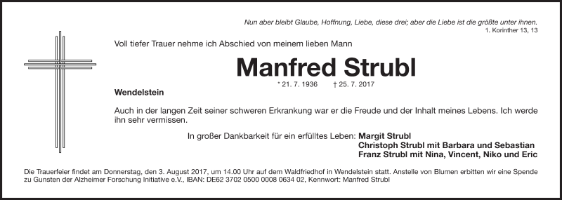  Traueranzeige für Manfred Strubl vom 29.07.2017 aus Gesamtausgabe Nürnberger Nachrichten/ Nürnberger Ztg.