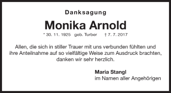 Traueranzeige von Monika Arnold von Gesamtausgabe Nürnberger Nachrichten/ Nürnberger Ztg.
