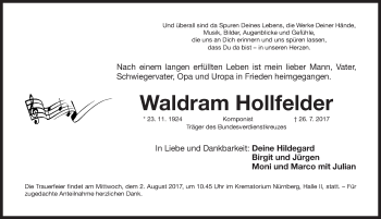 Traueranzeige von Waldram Hollfelder von Gesamtausgabe Nürnberger Nachrichten/ Nürnberger Ztg.