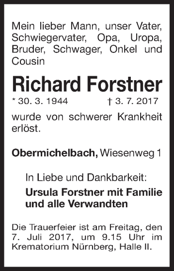 Traueranzeige von Richard Forstner von Fürther Nachrichten Lokal